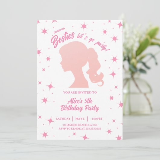 Retro  Roze Malibu Stars Verjaardagsfeestje Kaart (Staand voorkant)