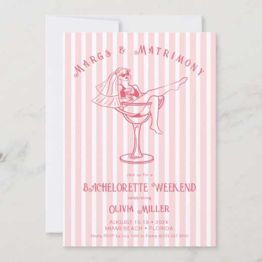 Retro roze Margs & Matrimony Bachelorette weekend Kaart (Voorkant)