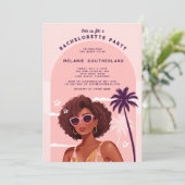 Retro roze meisje strand vrijgezellenfeest kaart (Staand voorkant)