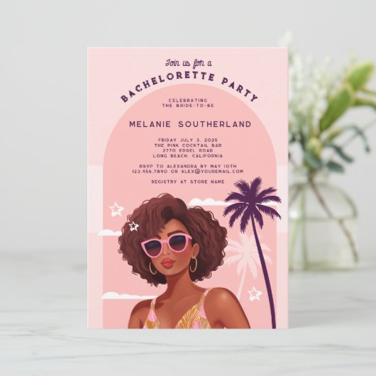 Retro roze meisje strand vrijgezellenfeest kaart (Staand voorkant)