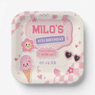 Retro Roze Meisje Verjaardag Papieren Bordje