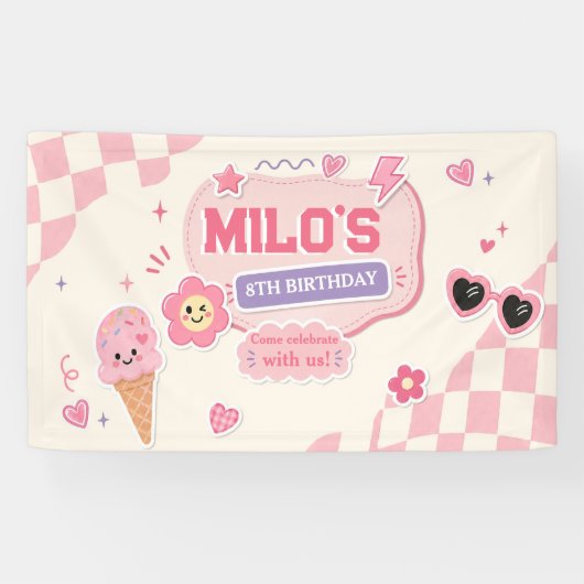 Retro Roze Meisje Verjaardag Spandoek (Horizontaal)