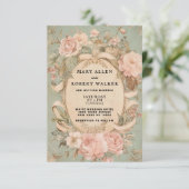 Retro roze mint floral lijst bruiloft kaart (Staand voorkant)
