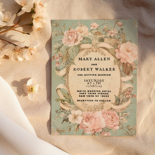 Retro  roze mint floral lijst bruiloft kaart