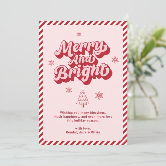 Retro Roze Modern Vrolijk en Helder Kerstmis Feestdagenkaart (Staand voorkant)