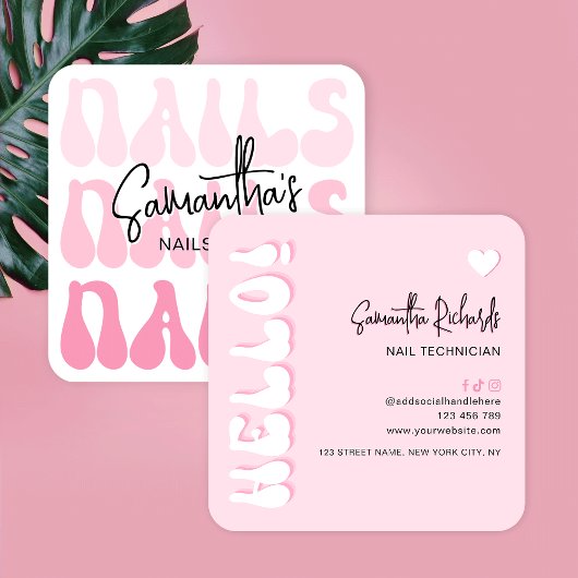 Retro Roze Moderne Nail Artiest Salon Manicure Vierkante Visitekaartje