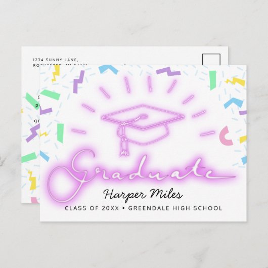 Retro roze neon afstuderen pet 1980 briefkaart (Voorkant / Achterkant)