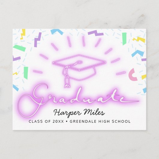 Retro roze neon afstuderen pet 1980 briefkaart (Voorkant)