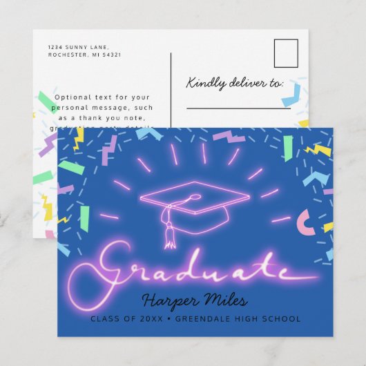 Retro roze neon afstuderen pet briefkaart 1980 (Voorkant / Achterkant)