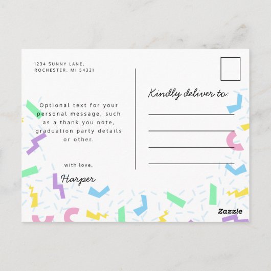 Retro roze neon afstuderen pet briefkaart 1980 (Achterkant)