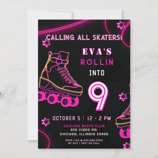 Retro Roze Neon Glow Roller Schaats Verjaardag Kaart (Voorkant)