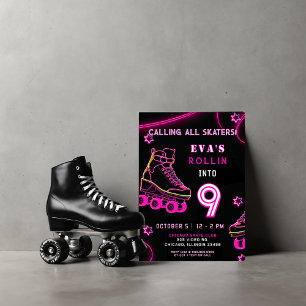 Retro Roze Neon Glow Roller Schaats Verjaardag Kaart