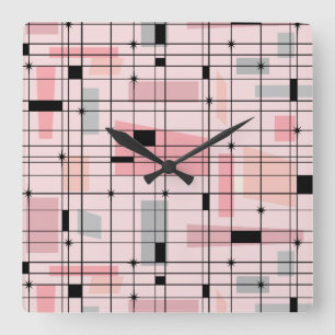 Retro Roze Net en Starbursts Square Wall Clock Vierkante Klok