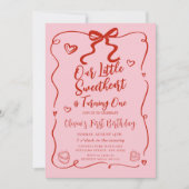 Retro Roze Onze Kleine Liefje Rood 1e Verjaardag Kaart (Voorkant)