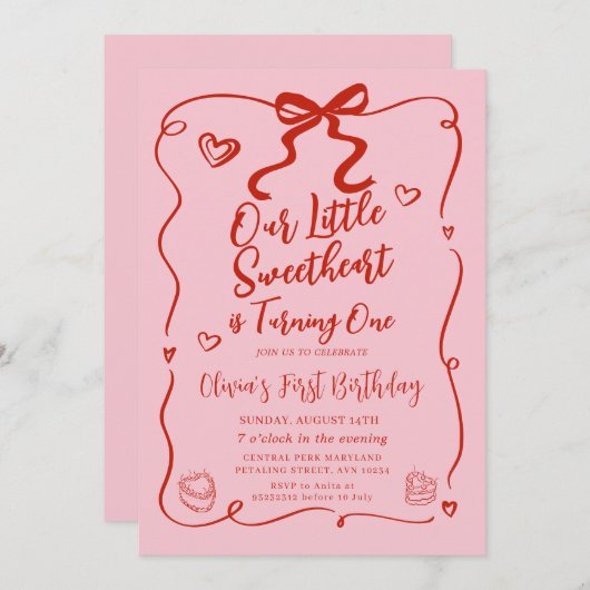 Retro Roze Onze Kleine Liefje Rood 1e Verjaardag Kaart (Voorkant / Achterkant)