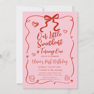 Retro Roze Onze Kleine Liefje Rood 1e Verjaardag Kaart