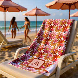 Retro Roze Oranje Bloemige Monogram Strandlaken