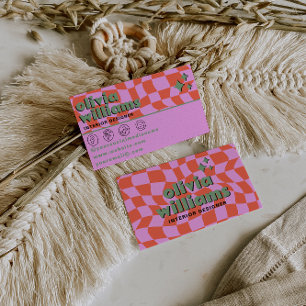 Retro Roze Oranje Boho Groovy Geruite Uniek Visitekaartje