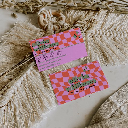 Retro Roze Oranje Boho Groovy Geruite Uniek Visitekaartje