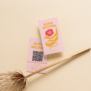 Retro Roze Oranje Boho QR Code Groovy Bloemig Meis Visitekaartje