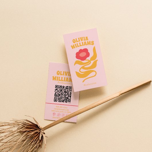 Retro Roze Oranje Boho QR Code Groovy Bloemig Meis Visitekaartje
