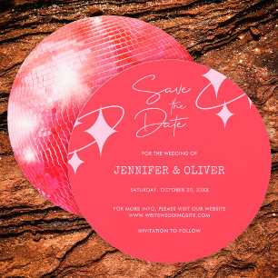 Retro Roze Oranje Disco Bal Trouw Save the Date Kaart
