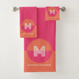 Retro Roze Oranje Geometrisch Modern Monogram Bad Handdoek