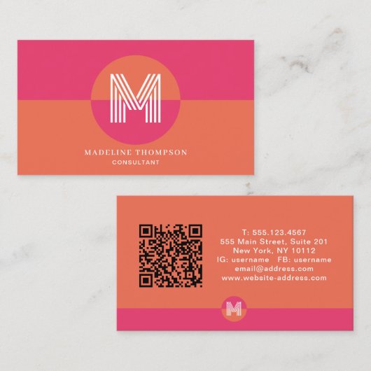 Retro Roze Oranje Geometrische Monogram QR Code Visitekaartje (Voorkant / Achterkant)
