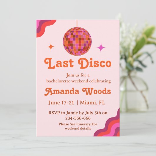 Retro Roze Oranje Laatste disco Bachelorette Weeke Kaart (Staand voorkant)