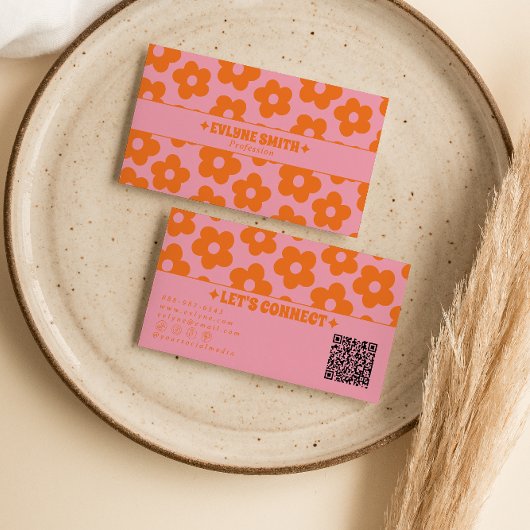 Retro Roze Oranje QR Code Groovy Bloem Boho Meisje Visitekaartje