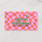 Retro Roze Oranje QR Code Groovy Geruite Uniek Visitekaartje (Voorkant)