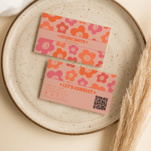 Retro Roze Oranje QR Code Groovy Glimlachende Bloe Visitekaartje