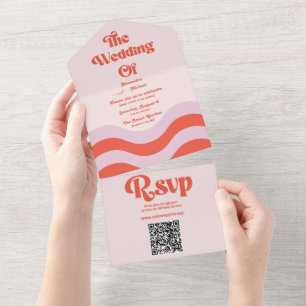 Retro Roze Oranje Typografie QR Code Bruiloft All In One Uitnodiging