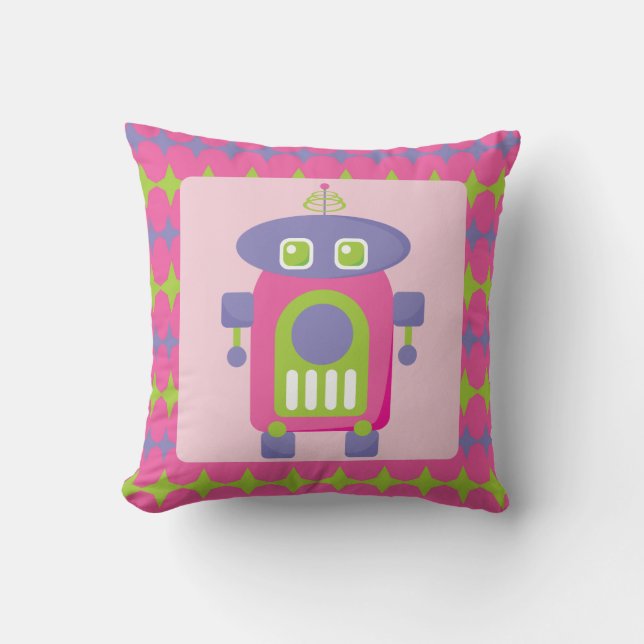 Retro Roze, Paarse en Groene Robot met Sterren Kussen (Voorkant)