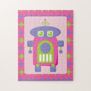 Retro Roze, Paarse en Groene Robot met Sterren Legpuzzel