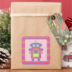 Retro Roze, Paarse en Groene Robot met Sterren Vierkante Sticker