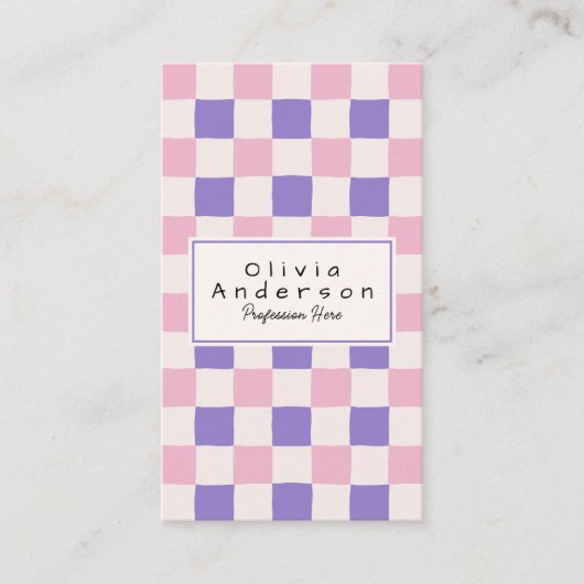 Retro roze Paarse geruite trendy Boho QR-code Visitekaartje (Voorkant)