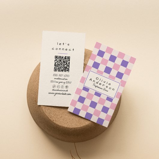 Retro roze Paarse geruite trendy Boho QR-code Visitekaartje