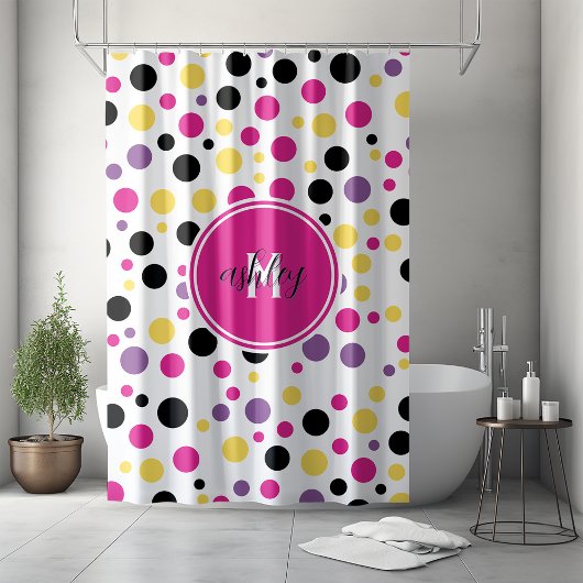 Retro Roze Paarse Monogram Polka Dots Douchegordijn