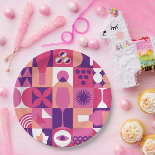 Retro Roze Paarse Wijn Bauhaus Cocktail Patroon Papieren Bordje (Feest)