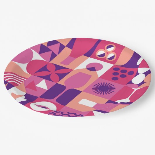 Retro Roze Paarse Wijn Bauhaus Cocktail Patroon Papieren Bordje (Gekanteld)
