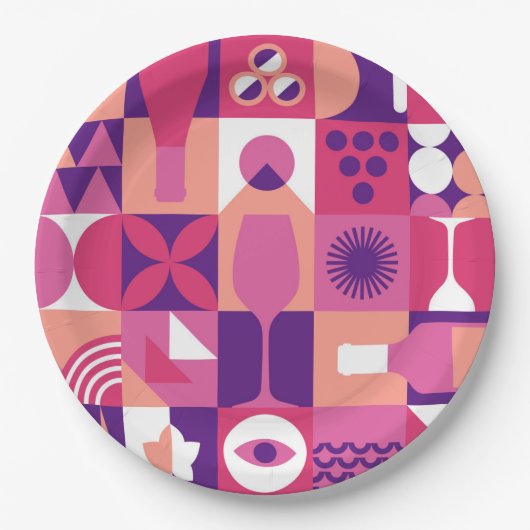 Retro Roze Paarse Wijn Bauhaus Cocktail Patroon Papieren Bordje (Voorkant)