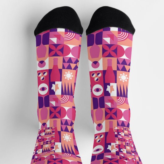 Retro Roze Paarse Wijn Bauhaus Patroon Sokken (Top)