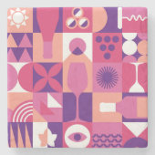 Retro Roze Paarse Wijn Bauhaus Patroon Stenen Onderzetter (Voorkant)