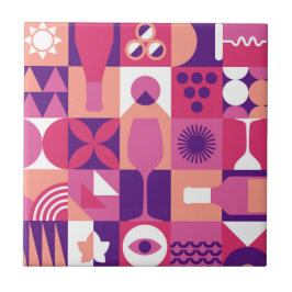 Retro Roze Paarse Wijn Bauhaus Patroon Tegeltje