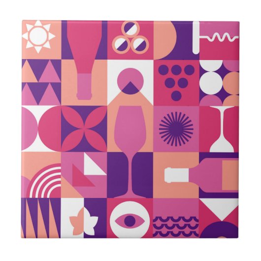Retro Roze Paarse Wijn Bauhaus Patroon Tegeltje (Voorkant)