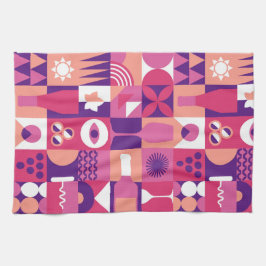 Retro Roze Paarse Wijn Bauhaus Patroon Theedoek
