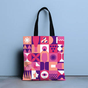 Retro Roze Paarse Wijn Bauhaus Patroon Tote Bag