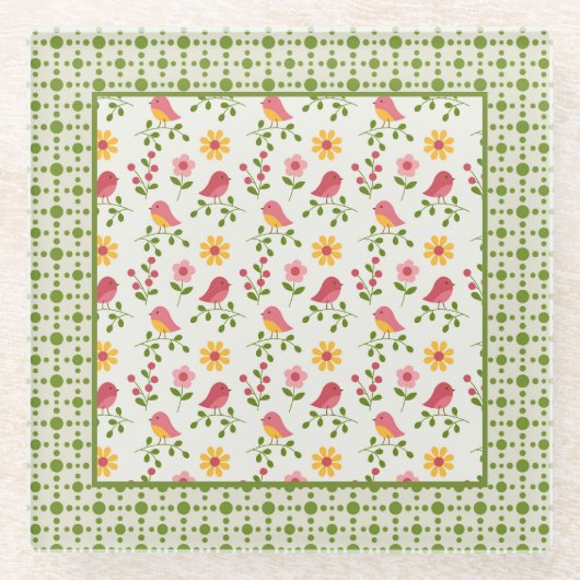 Retro Roze paneel van lente-vogels Glazen Onderzetter (Voorkant)