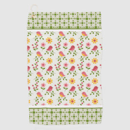 Retro Roze paneel van lente-vogels Golfhanddoek